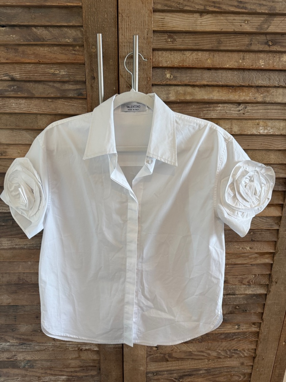 Valentino White Short-Sleeve Button-Down with Rosette Sleeves